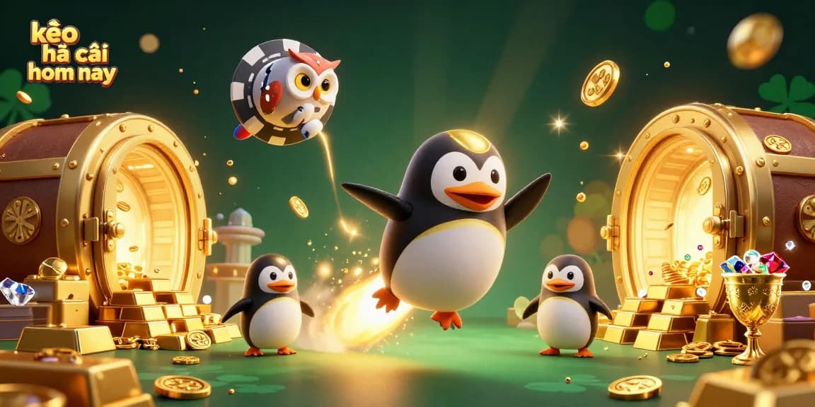 Engage in kèo nhà cái hôm nay with a golden penguin racing towards a casino station, showcasing vibrant gambling treasures.