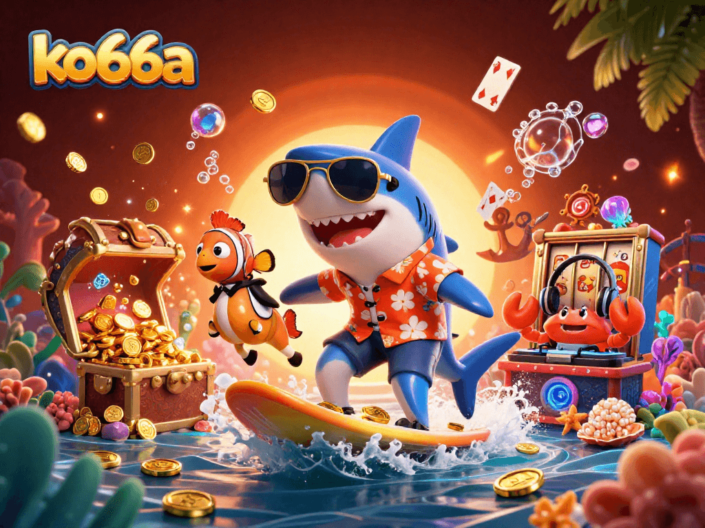 Experience thrilling bets at ko66a, where a shark rides gold coins amid a vibrant casino scene.