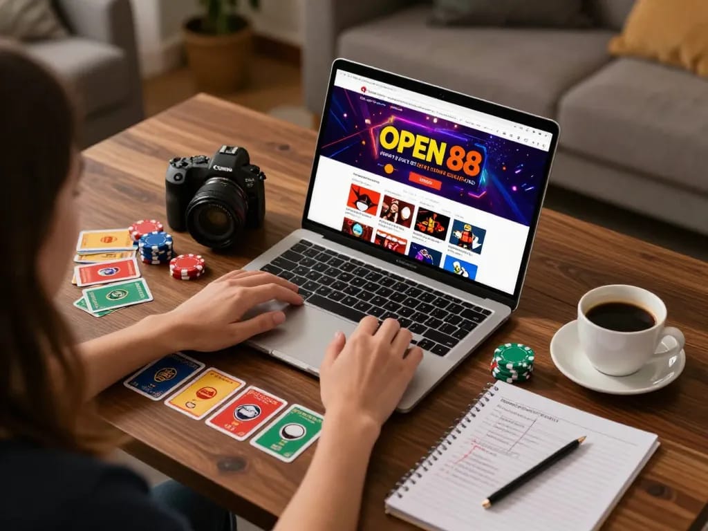 Engaging online gaming session at home showcasing OPEN 88 interface with vibrant cards and chips.