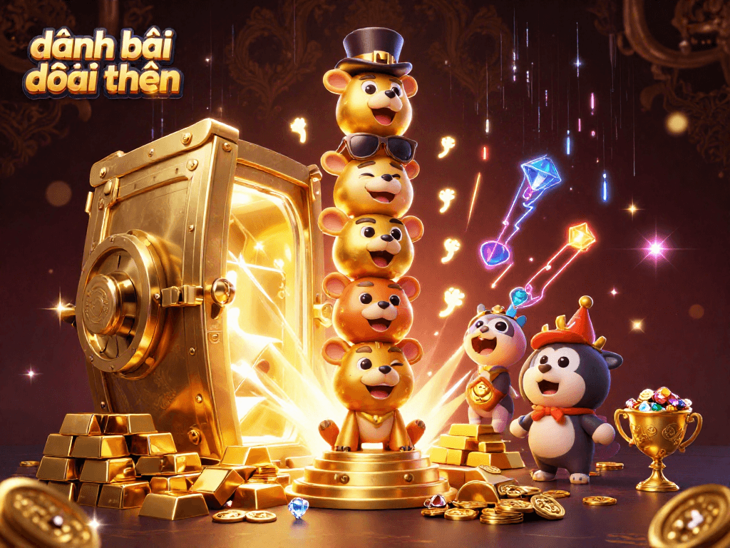 Experience thrilling đánh bài đổi thưởng with vibrant 3D illustrations of golden treasures and casino elements.