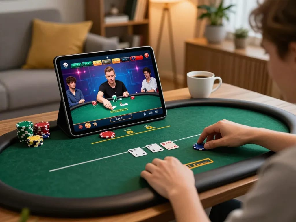 Player engaging with online poker on a tablet, showcasing 99ok's dynamic gaming interface.