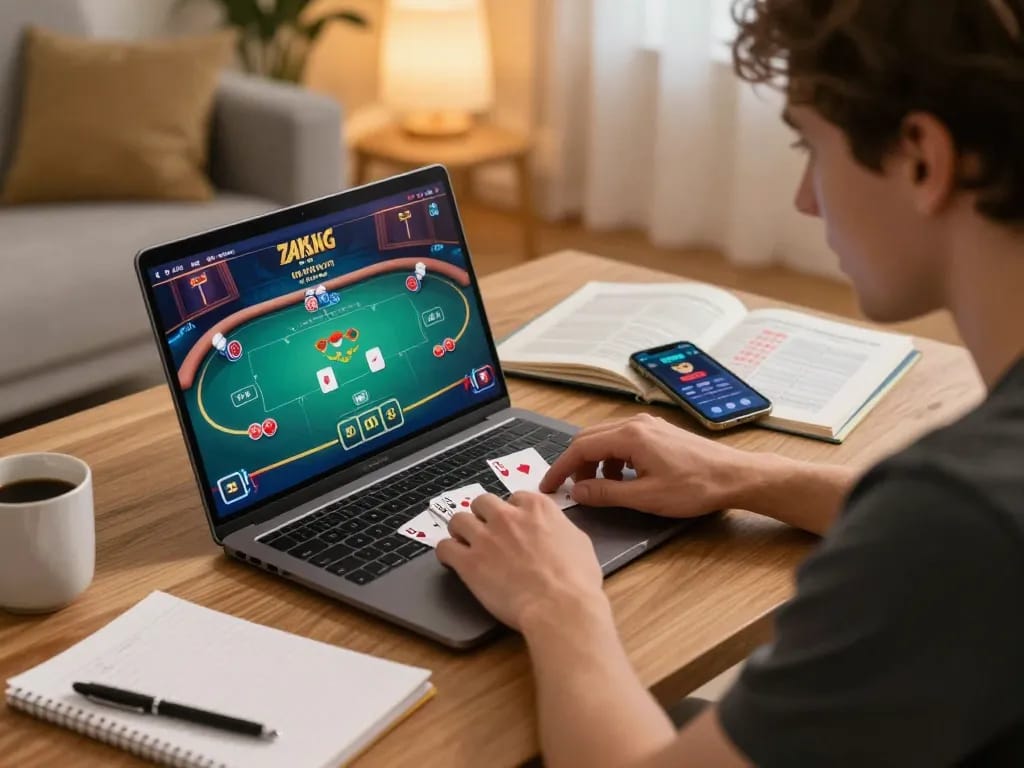 Player utilizing the 79KING app for an engaging online poker game at home, amidst a strategic gaming setup.