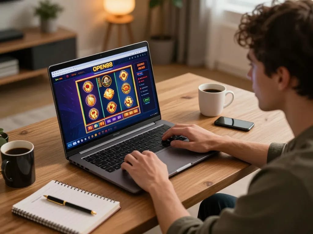 Engaging in an online casino experience with OPEN88 on laptop, showcasing vibrant slot graphics.