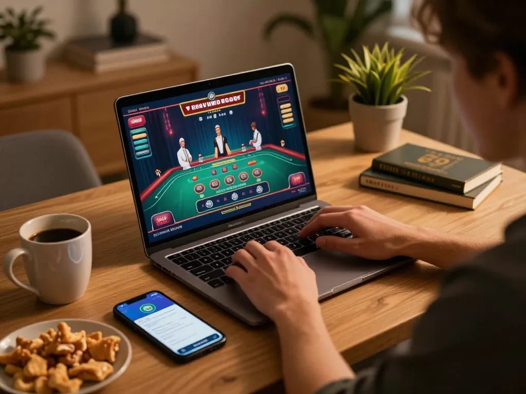 Engaging moment using Link Resmi Parlay Golbos on a laptop in a cozy home setup.