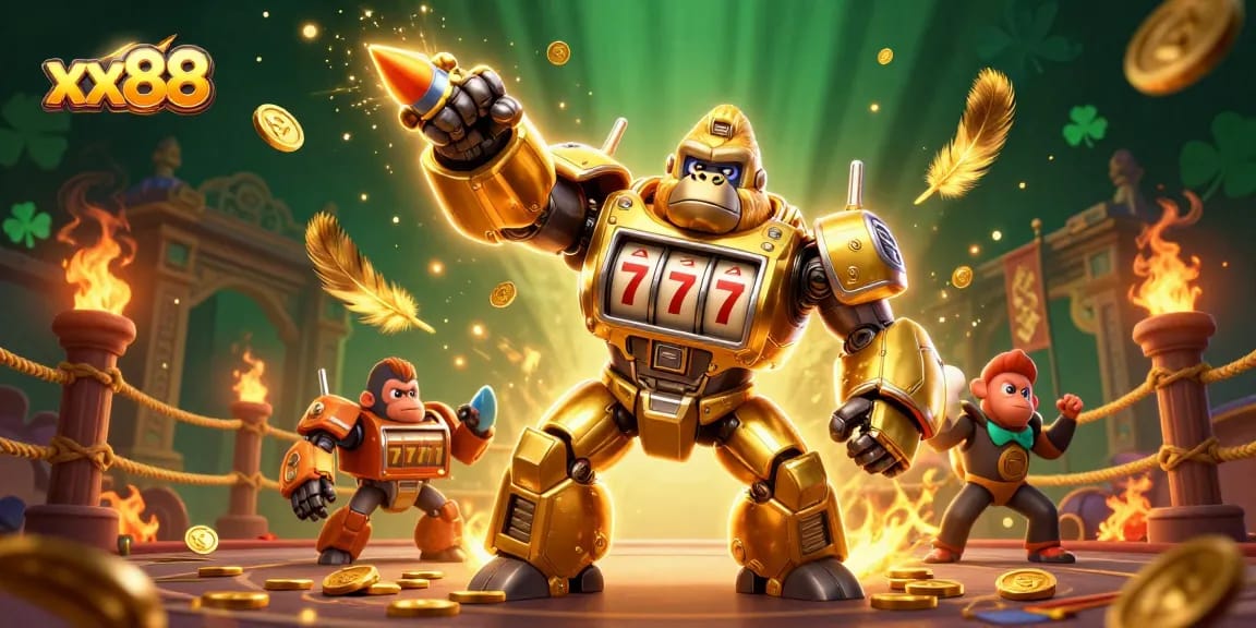 Position your wins with xx88’s golden gorilla mech, surrounded by spinning reels and dynamic casino action.