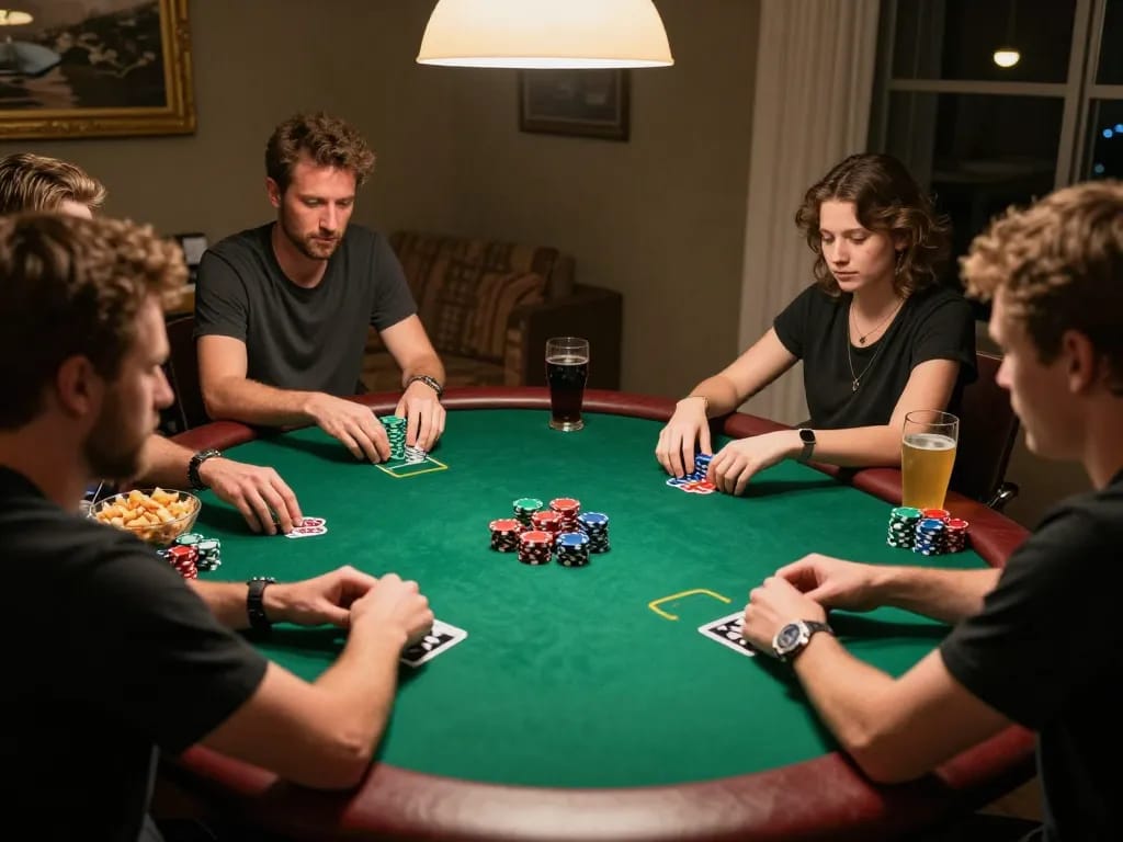 Players enjoying a thrilling session of Dominobet IDN Poker at a cozy game night with vibrant atmosphere.
