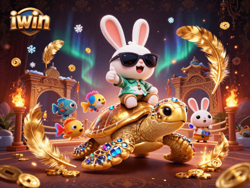 Join the vibrant iwin casino adventure with a lucky rabbit and a golden turtle amidst tropical elements.