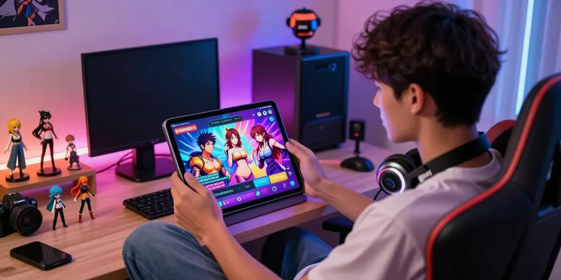 Young adult engaging in an interactive hentai ai chat experience on a tablet in a vibrant gaming nook.