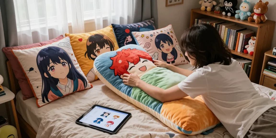 Custom body pillow showcased in a cozy bedroom with vibrant designs and a warm atmosphere.