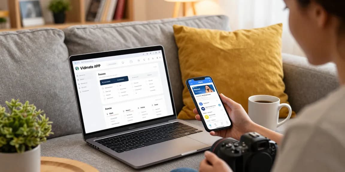 Engaging user reviewing Vidmate APK features on smartphone in cozy environment