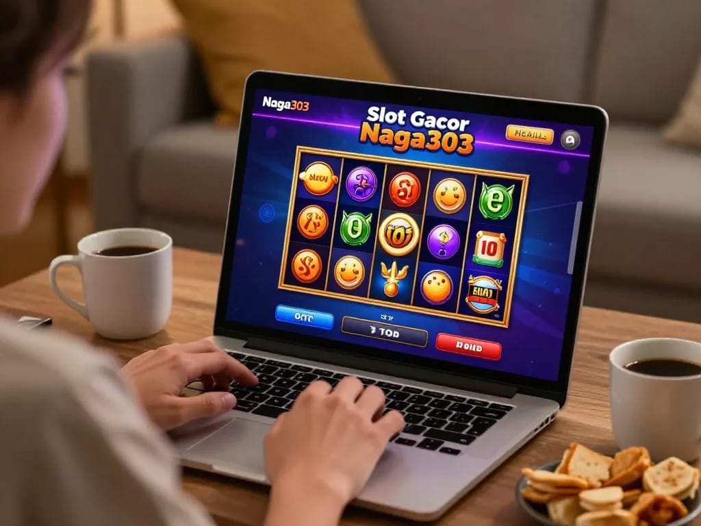 Play Slot Gacor Naga303 online from home, enjoying exciting gameplay on a laptop with snacks nearby.
