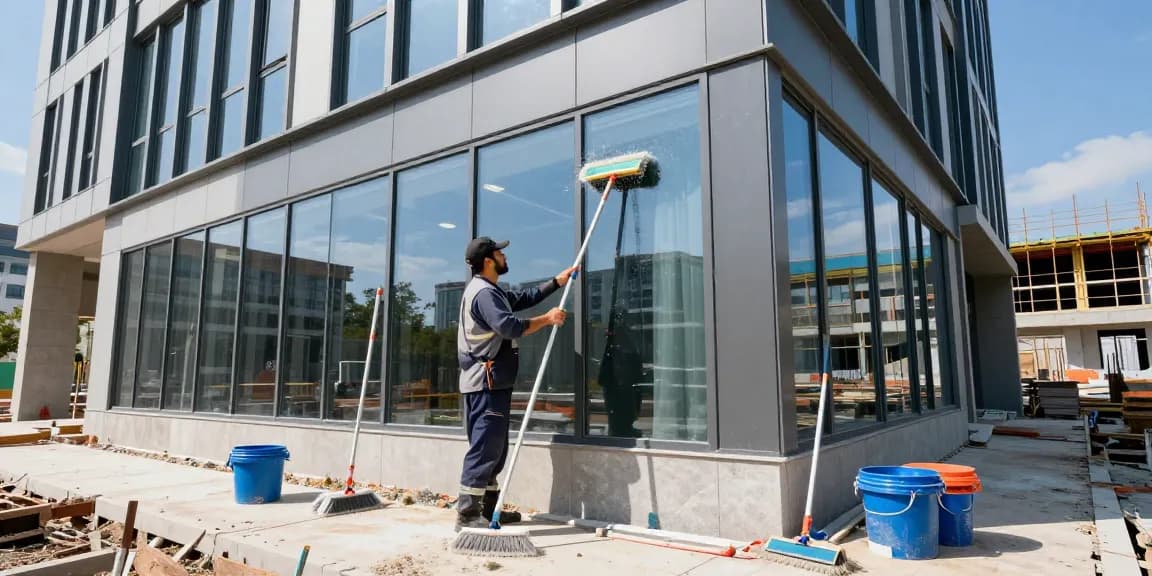 Post-construction cleaning process showcasing professional cleaner at work focusing on 'bauendreinigung preis' efficiency, tools arranged, bright atmosphere.