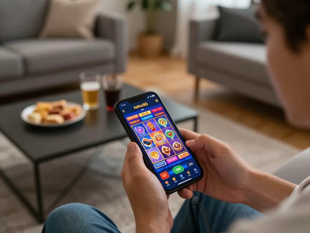 Nohu90 mobile gaming experience with user engaging in vibrant slot game on smartphone.