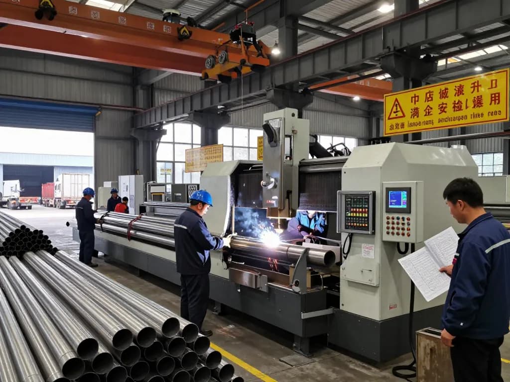 Workers at sumwin stainless steel factory using high-tech machines for pipe production.
