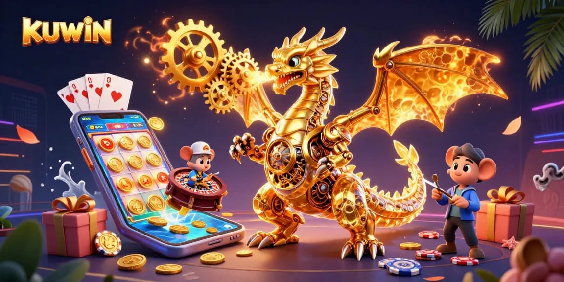 Enjoy thrilling slot games at KUWIN with a vibrant 3D dragon-themed digital illustration.