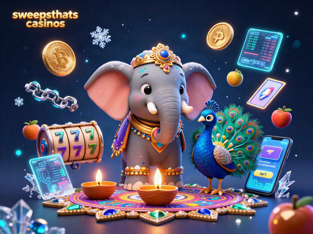 Engaging scene showcasing sweepstakes casinos with vibrant Diwali-themed characters interacting with casino elements.