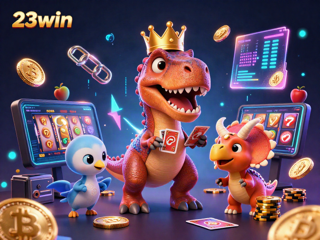 Engage with 23win's lively gaming atmosphere featuring a quirky T-Rex and vibrant slot elements.