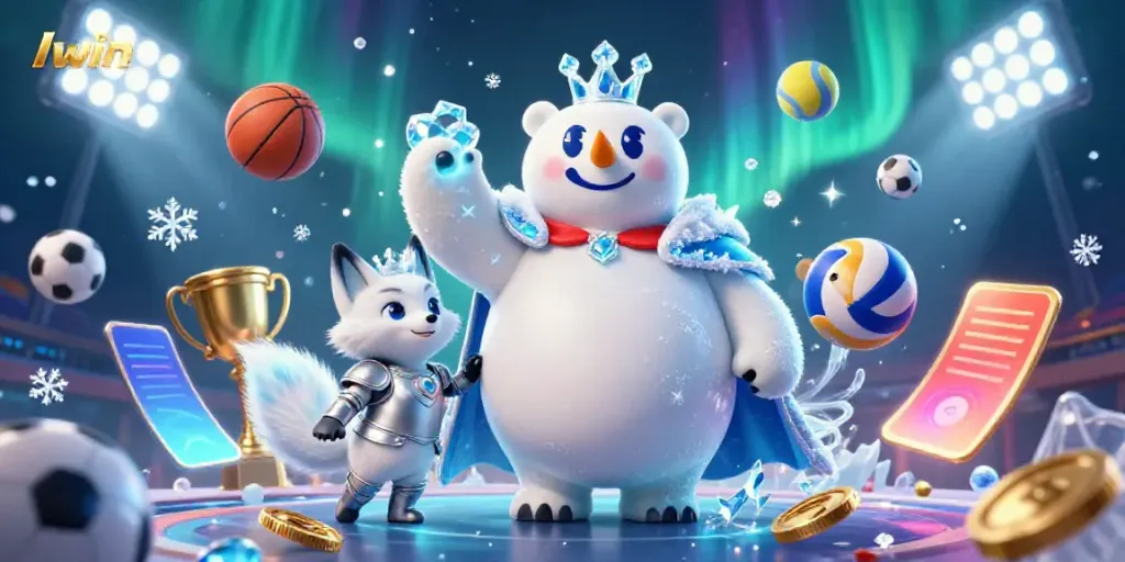 Iwin features a dynamic casino scene with an ice king polar bear and snow fox celebrating gaming wins amidst sports elements.