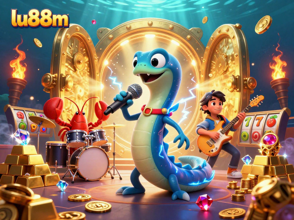 lu88m showcases an electric eel DJ performing in an underwater casino, surrounded by vibrant treasures.