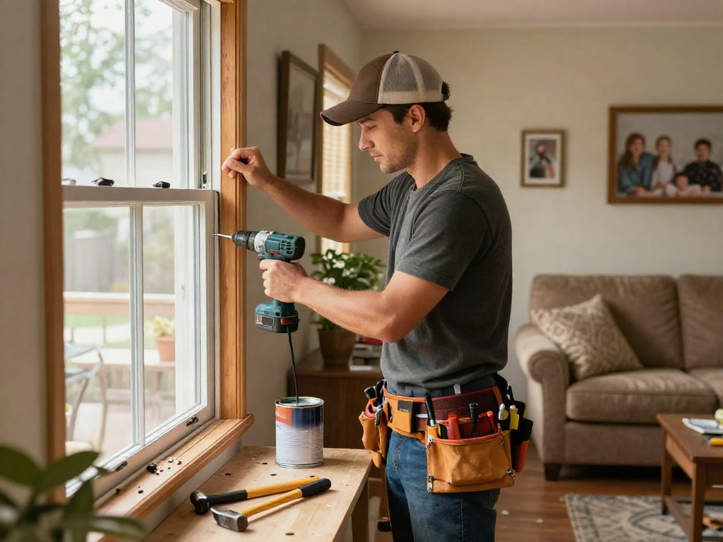 Person performing home repair services in Des Moines, Iowa, showcasing craftsmanship and efficiency in a cozy living room.