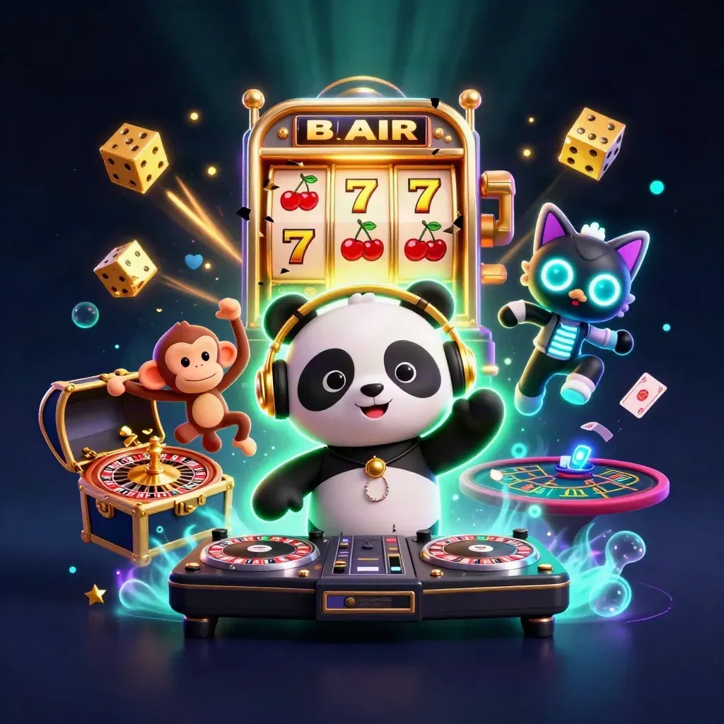 DJ panda, dancing monkey, and glow kitten amid casino magic, gold, emerald, and neon effects.