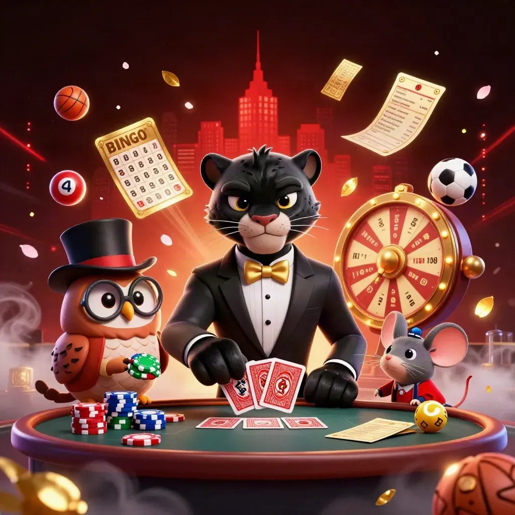 Panther, owl and mouse deal cards as casino sports props burst in neon light.