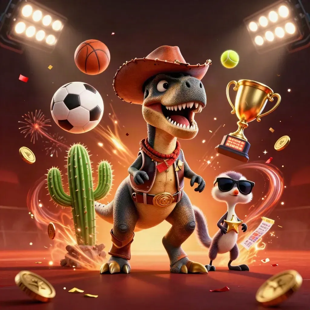 Cowboy T-Rex, cactus, and roadrunner amid flying sports balls, coins, lights, and fireworks