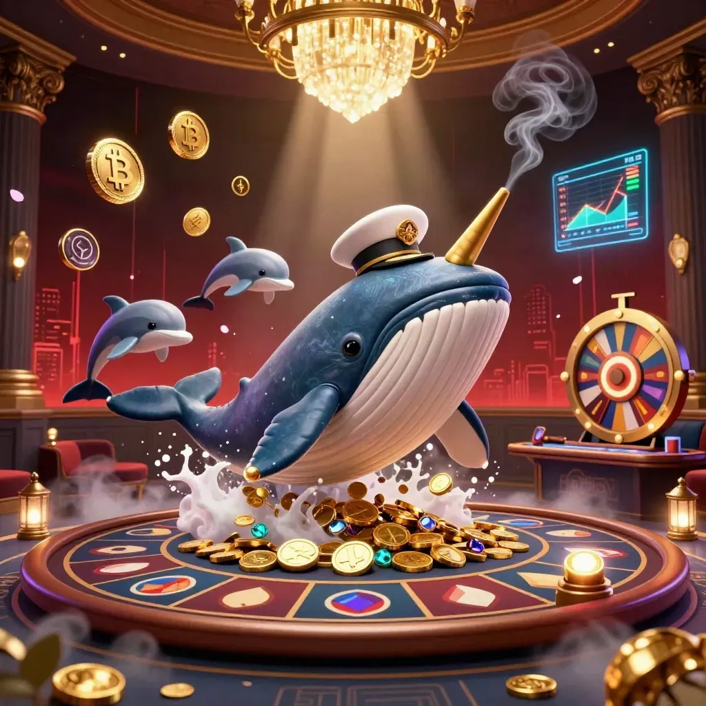 Whale captain, narwhal, and dolphins in a neon casino scene with coins, lights, and red skyline.