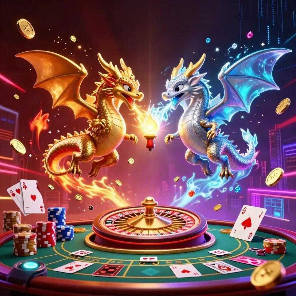 Gold and silver dragons whirl above casino tables with coins, chips, cards, and neon energy.