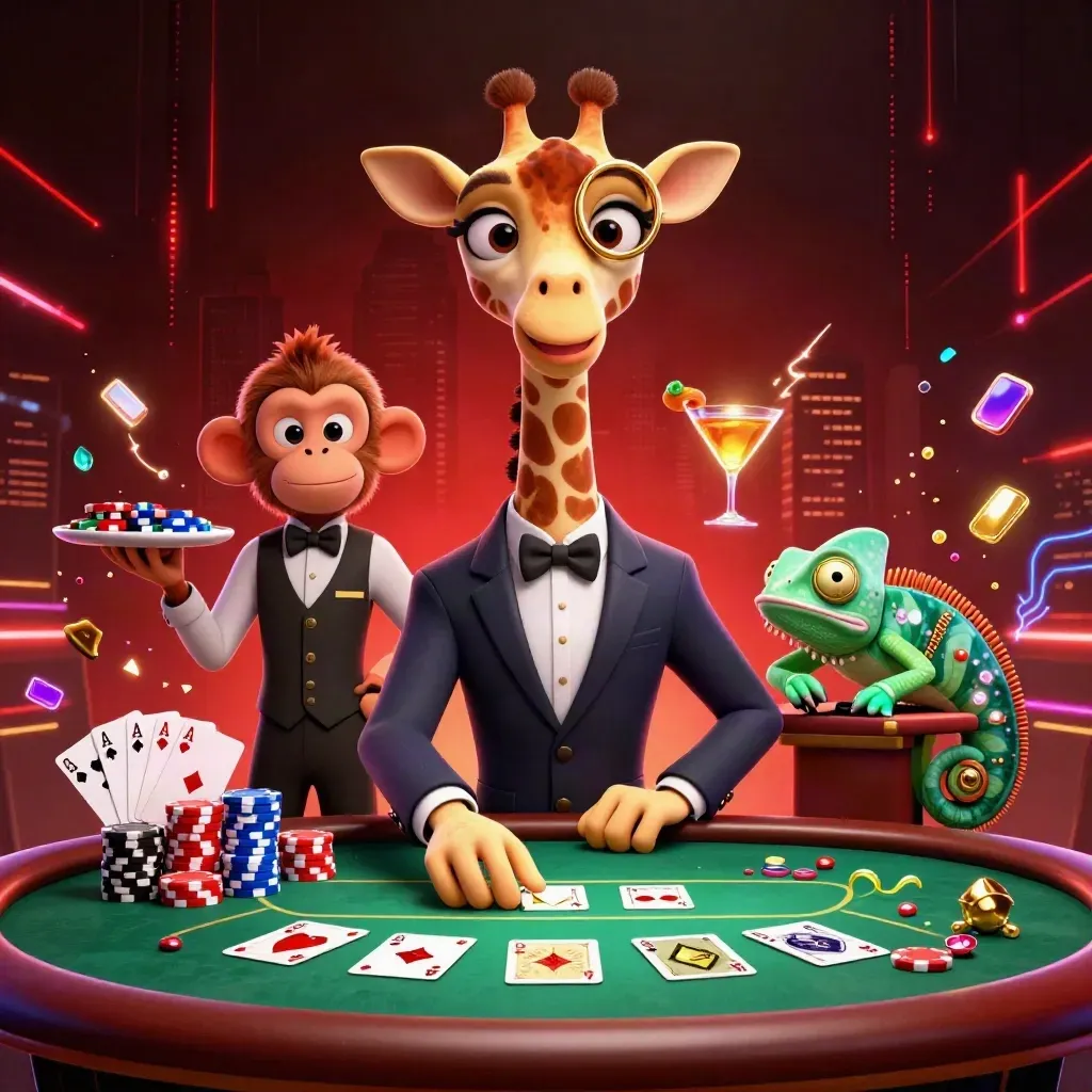 Suit-clad giraffe, monkey valet, and chameleon bartender at a neon poker table.