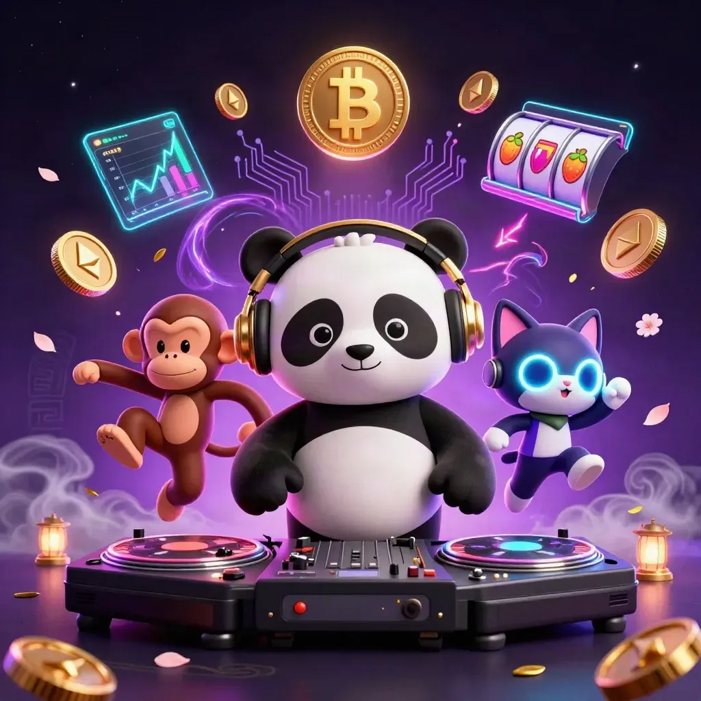 DJ panda, spinning monkey and rave kitten amid neon coins, reels, lightning and starry purple fog.