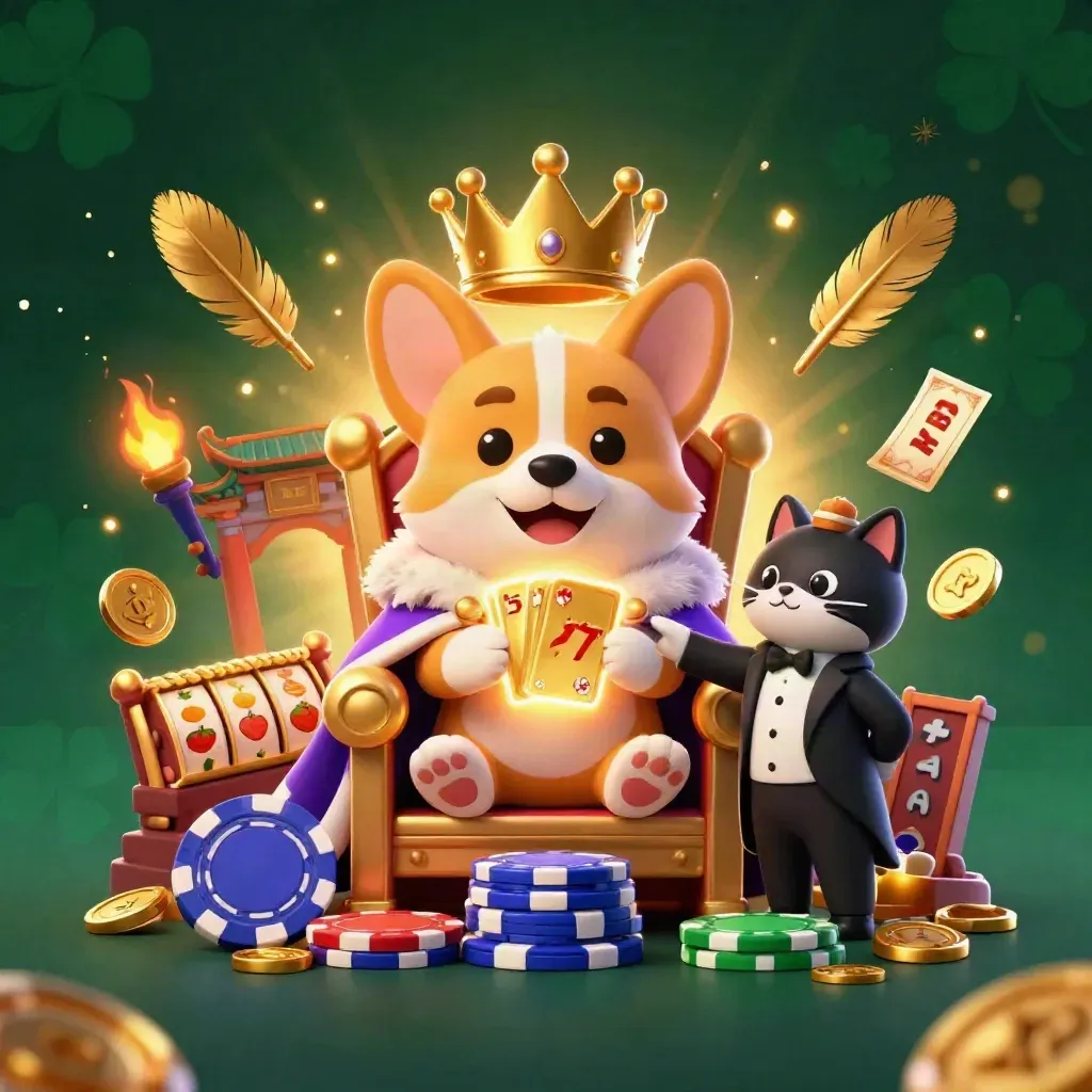 Royal corgi king and cat butler amid chips, coins, temple gate, reels, and glowing casino effects.