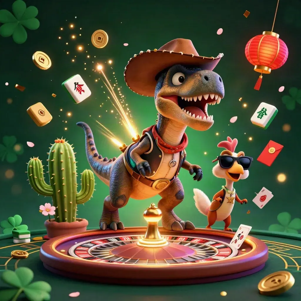 Cowboy T-Rex trio racing through gold casino effects around a spinning roulette wheel.