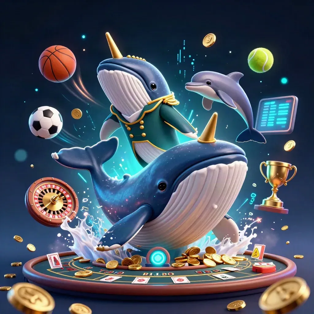 Cartoon whale captain, narwhal, and dolphins amid coins, roulette wheel, cards, and neon casino light