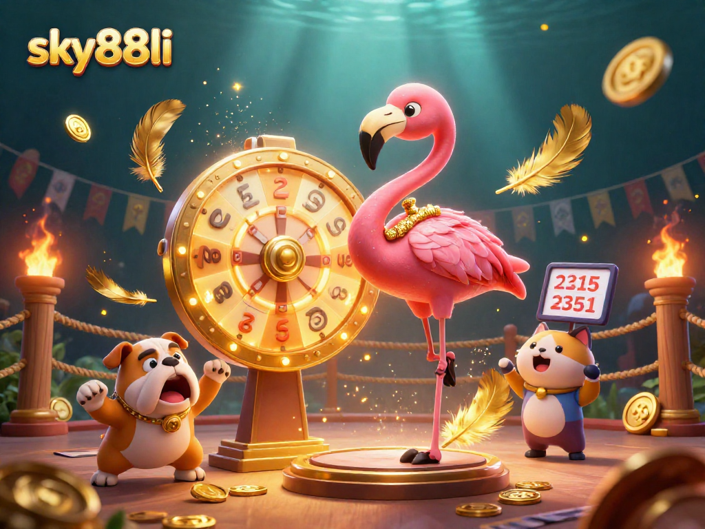 Experience excitement at sky88li with a vibrant casino scene showcasing a flamingo host spinning a prize wheel surrounded by dynamic elements.