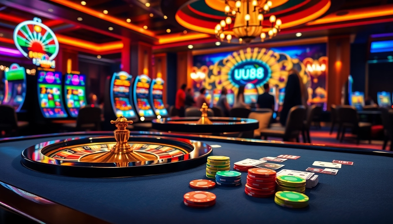 Players enjoying thrilling games at UU88 CASINO with vibrant slots and roulette.