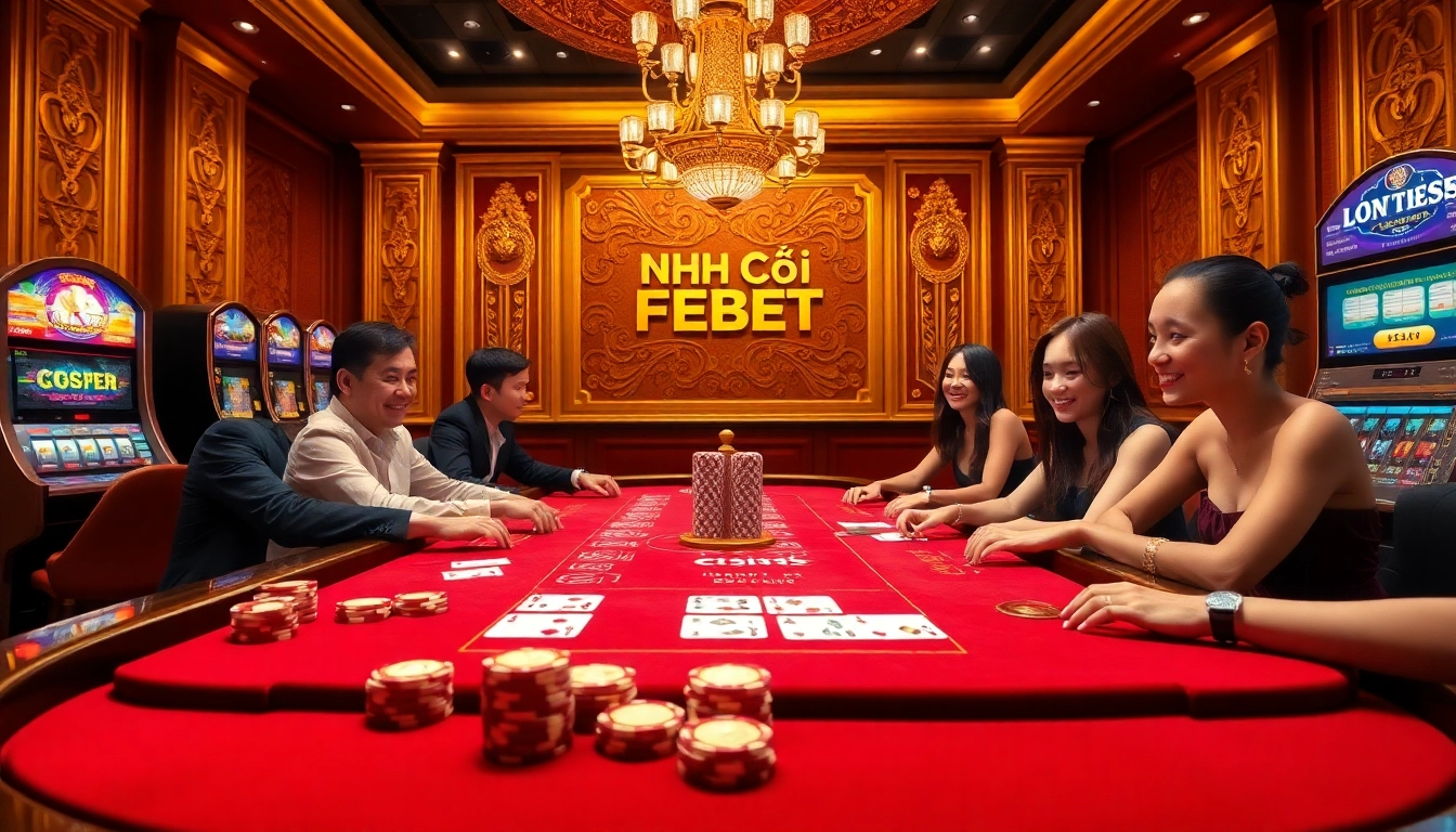 Engaging gamblers at a vibrant casino table showcasing activities at NHÀ CÁI FEBET.