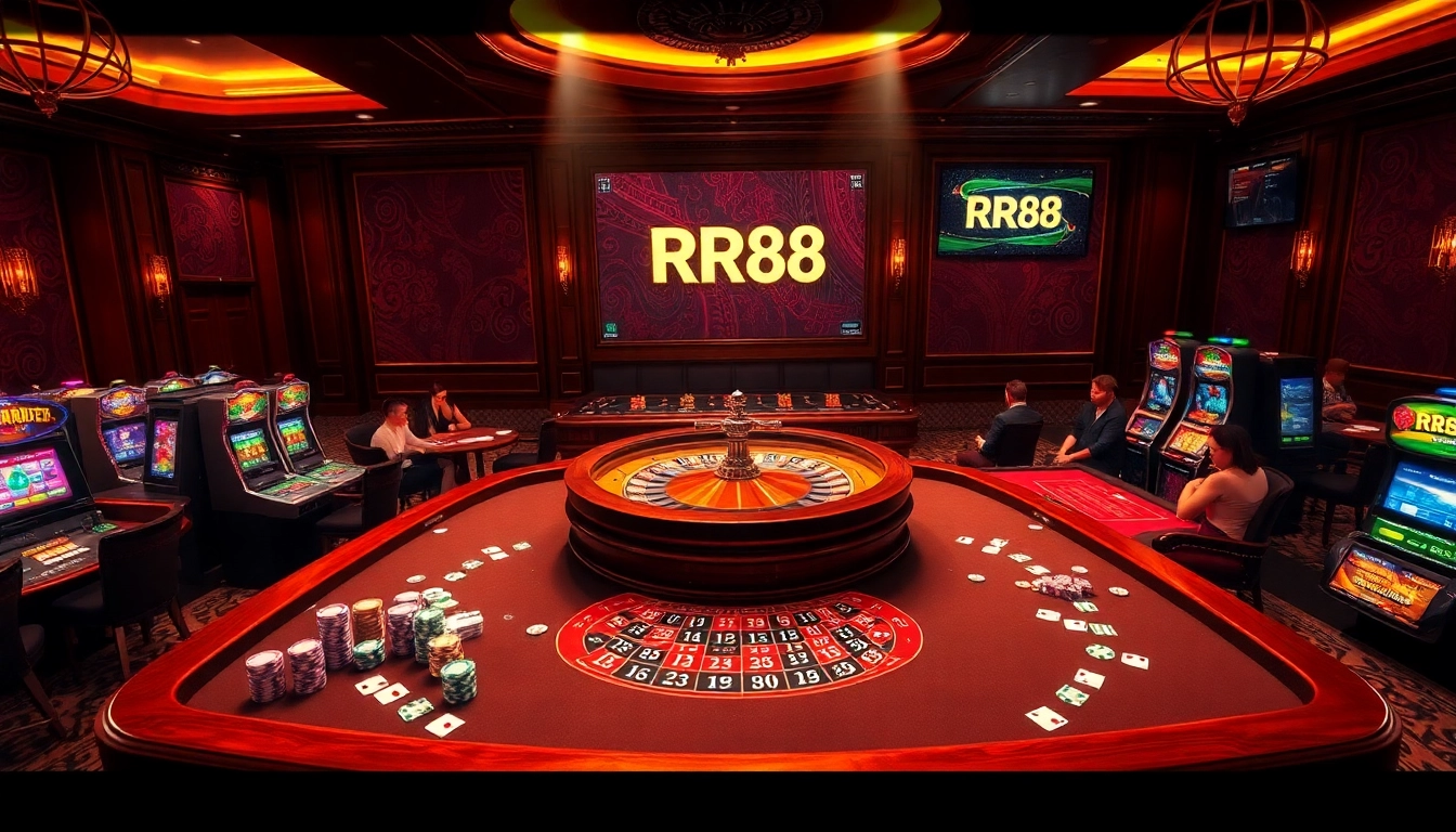 Experience thrilling roulette gameplay at RR88 with vibrant tables, chips, and an electrifying atmosphere.