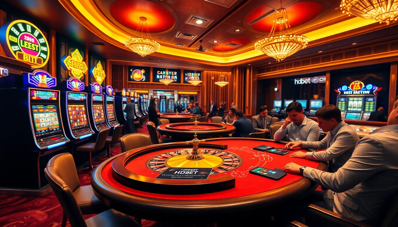 Engaging casino scene showcasing players using app hdbet amidst vibrant slot machines and roulette.