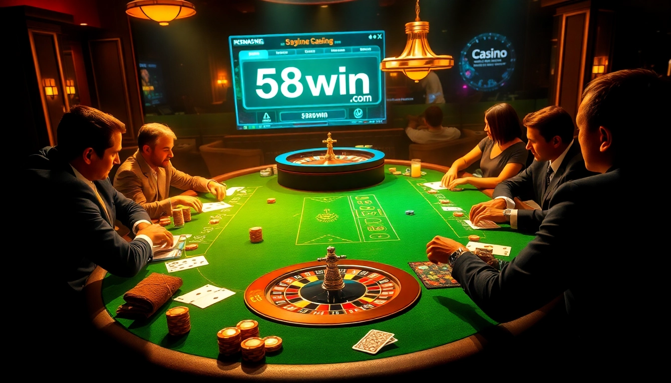 Players showcasing strategy and excitement at a poker table in 58win com's luxury casino.