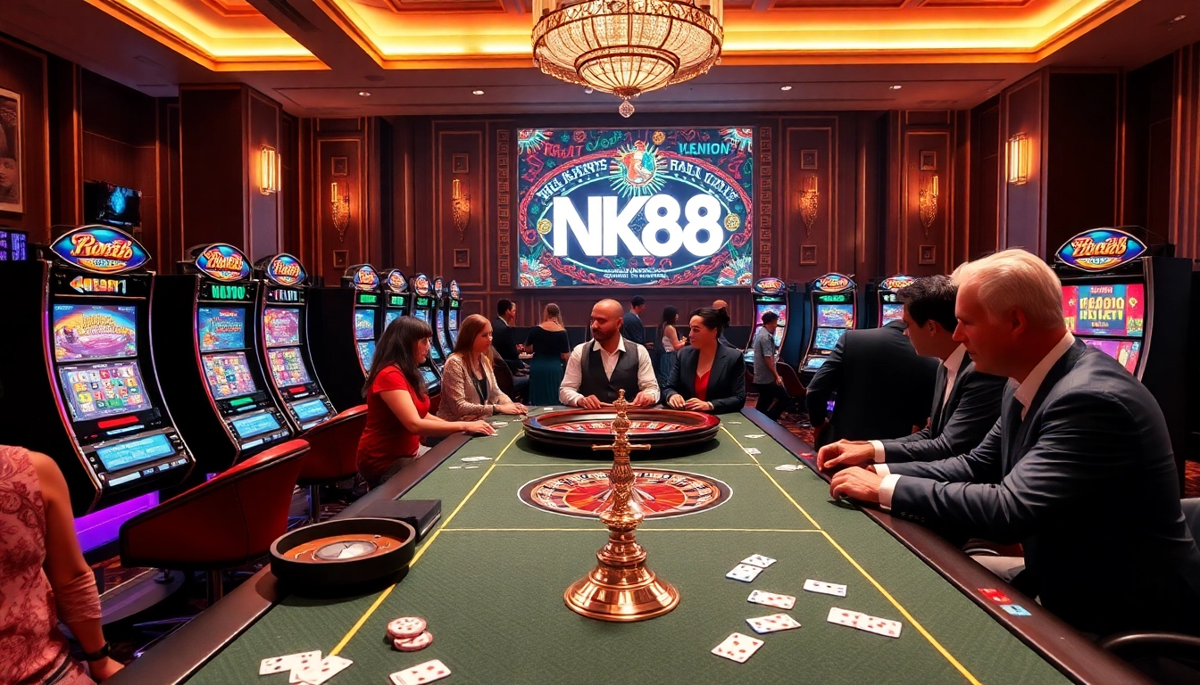 Players enjoy a high-stakes game at NK88's luxurious casino table, surrounded by vibrant slot machines.