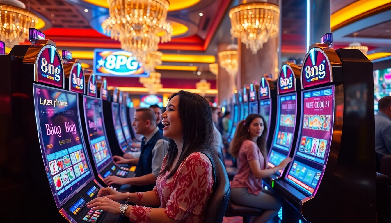 Jugadores disfrutando de coloridas máquinas tragamonedas en el casino 8PG, mostrando emoción y juego responsable.