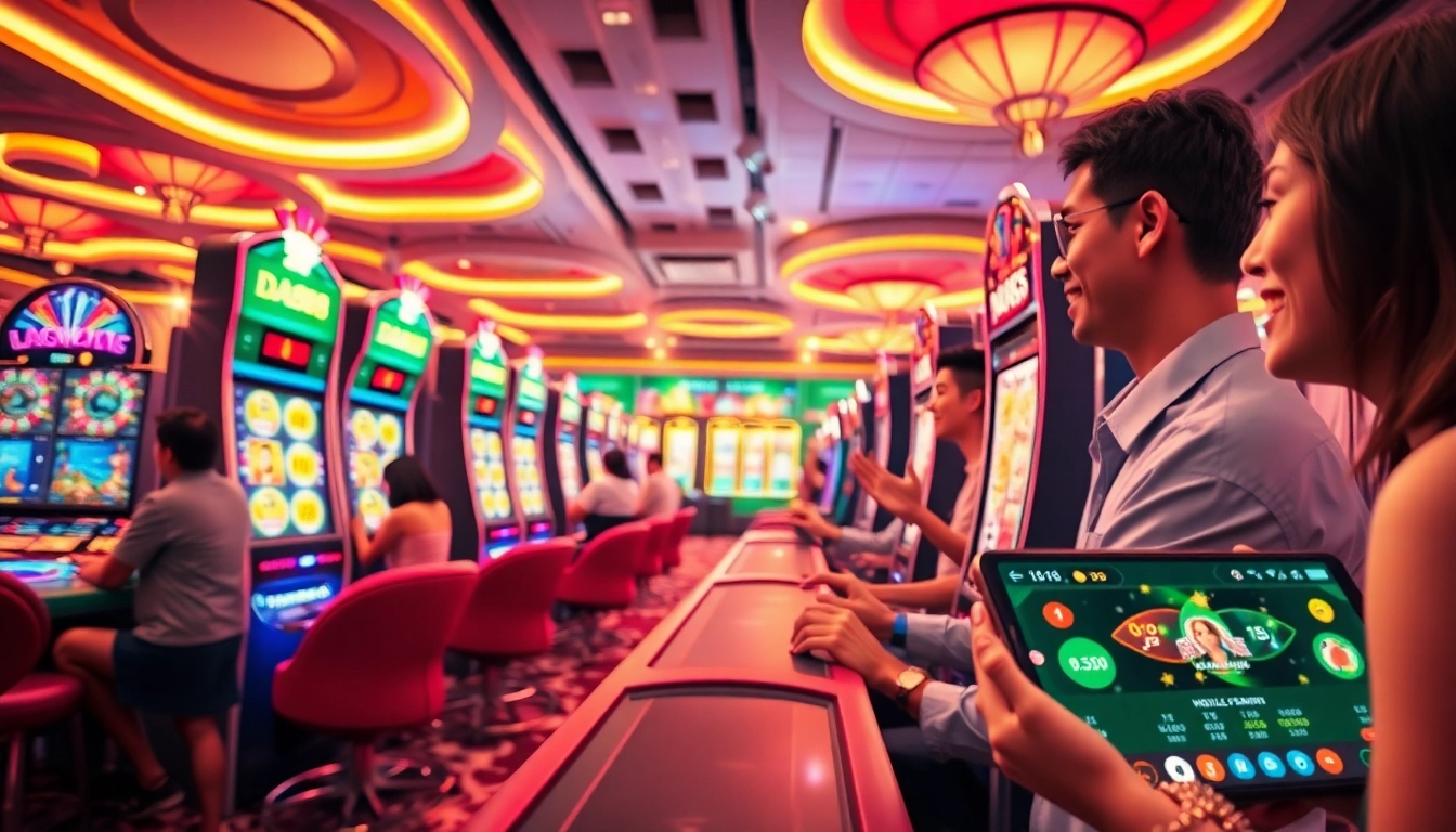 Exciting gaming experience on https://da88.media/ with vibrant slot machines and players winning.