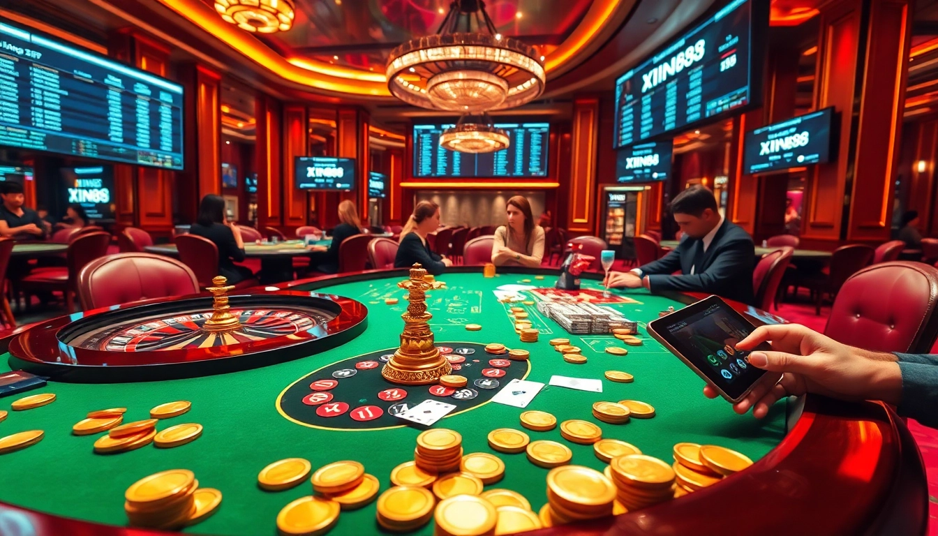 XIN88 gaming scene featuring luxury roulette and poker action in an elite casino.