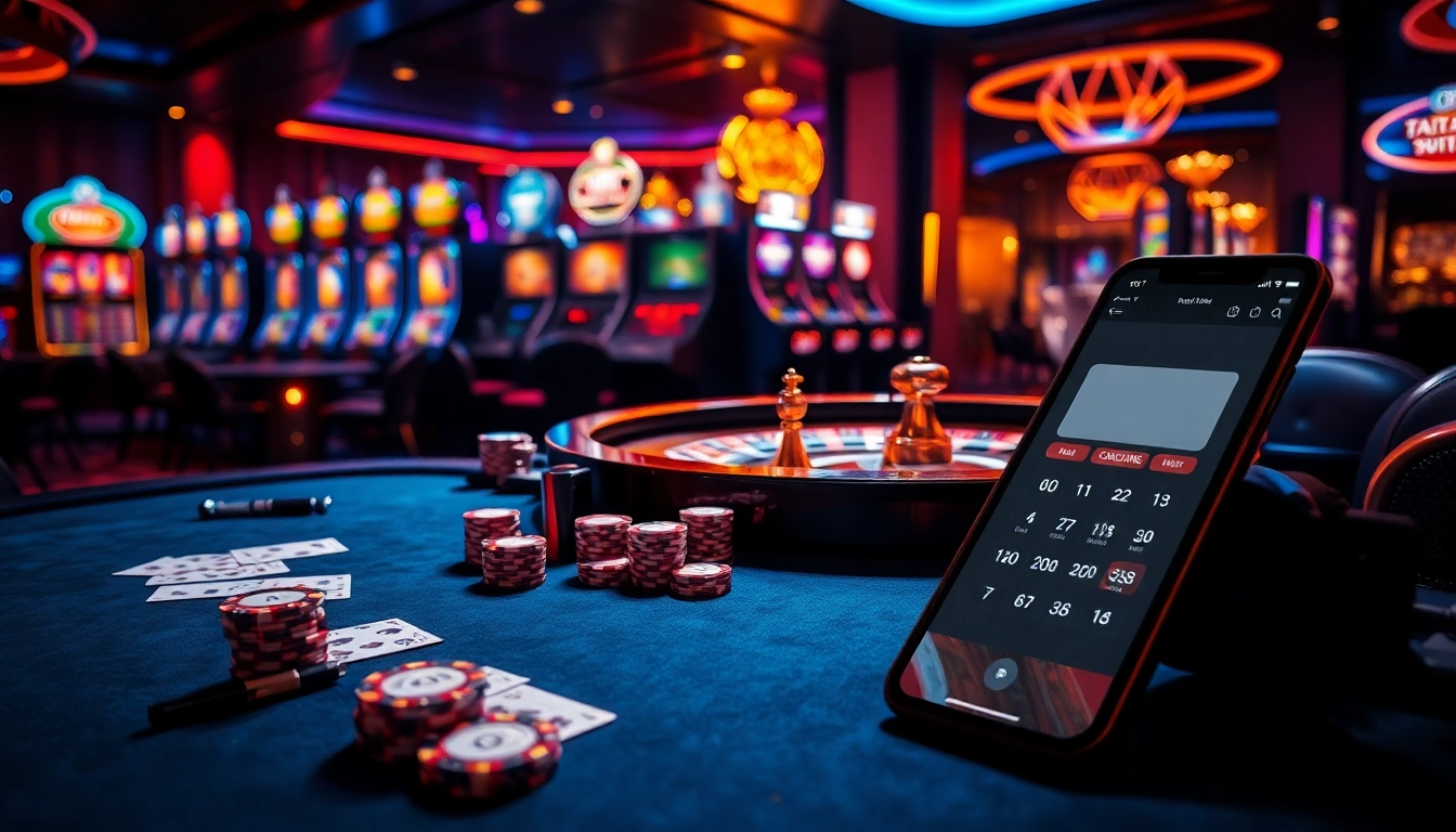 Experience the excitement of 68VIP with a vibrant casino scene showcasing poker, roulette, and digital gaming elements.