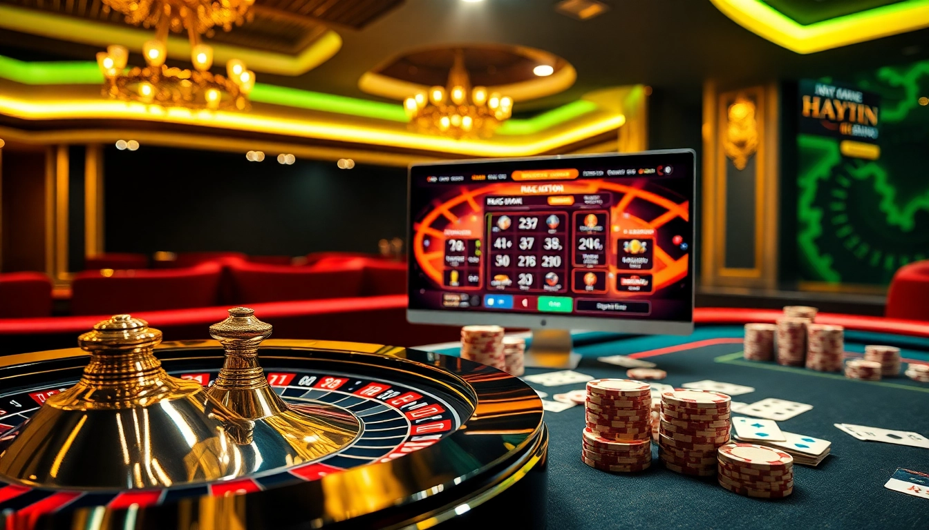 Engage with ĐĂNG KÝ HAYWIN in a luxurious casino scene filled with roulette wheels, chips, and vibrant card games.