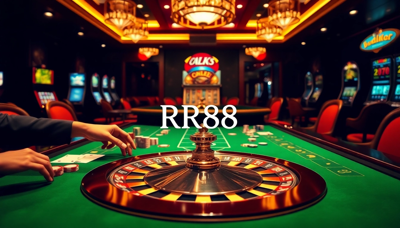 RR88 casino scene with players at roulette table, vibrant poker chips, and cards.