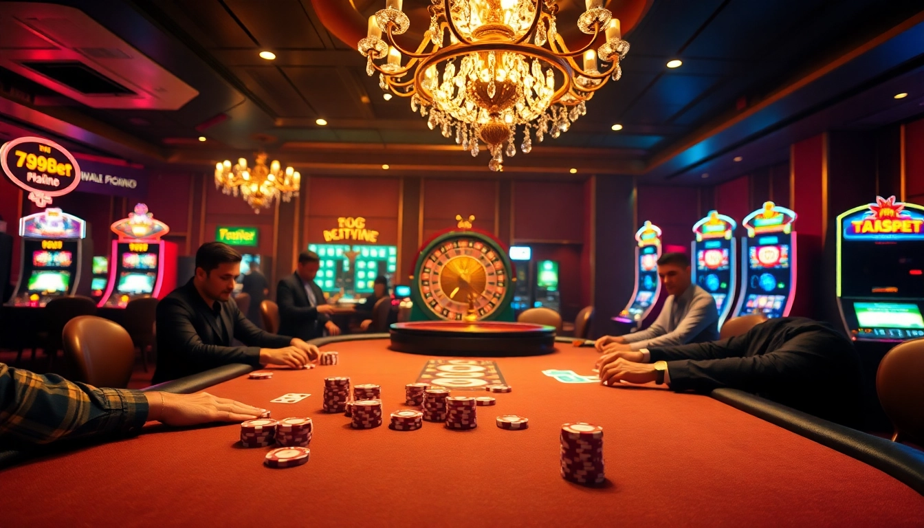 Professional gamblers at a luxurious 789bet com poker table illuminated with vibrant casino lights.