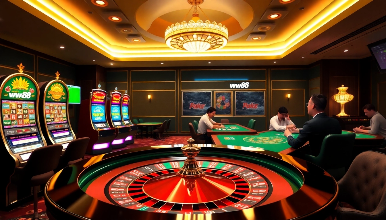 Experience the excitement of ww88 with vibrant slot machines and dynamic gameplay in a luxurious casino scene.