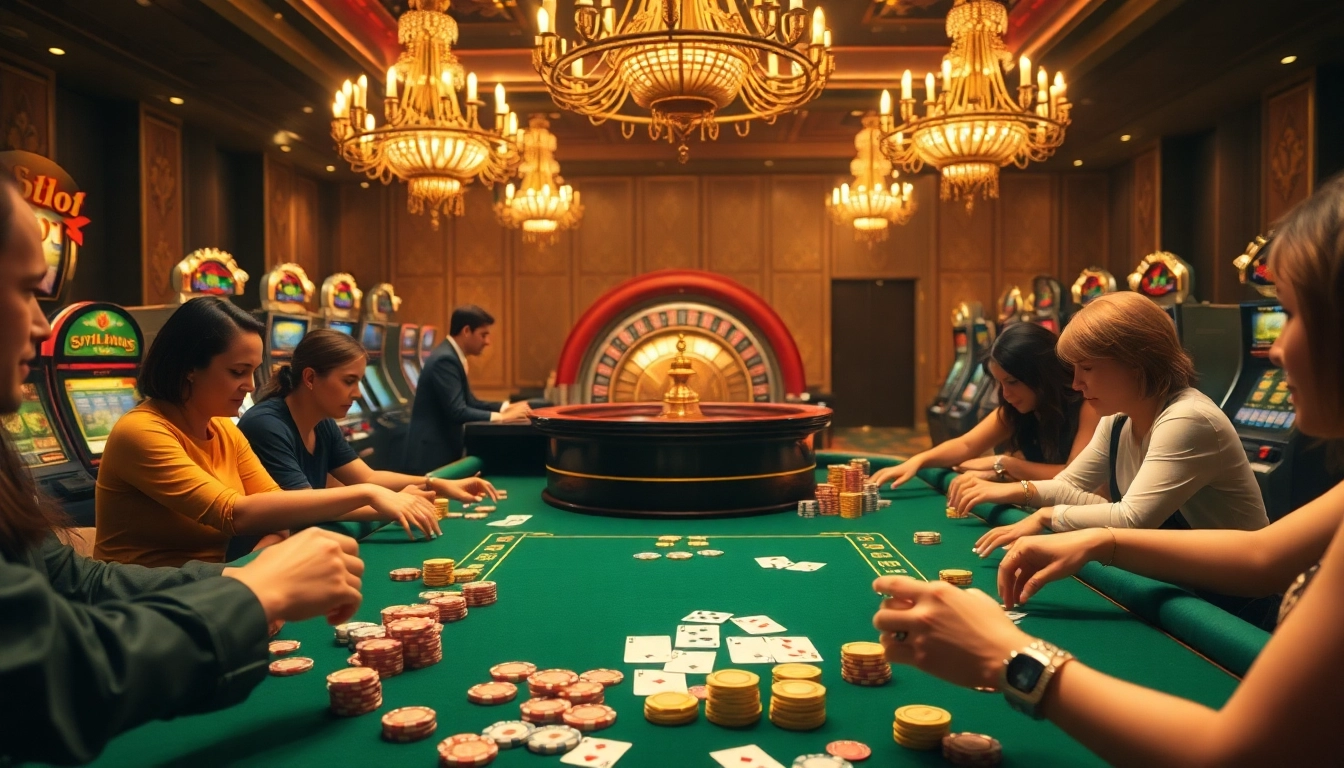 Players strategizing at a casino table with nohu-themed chips and vibrant colors capturing the gambling excitement.